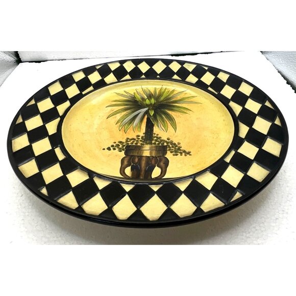 Home Interiors Palm Tree Plate Black Ivory Harlequin Diamond Border 10" Décor - Picture 7 of 7